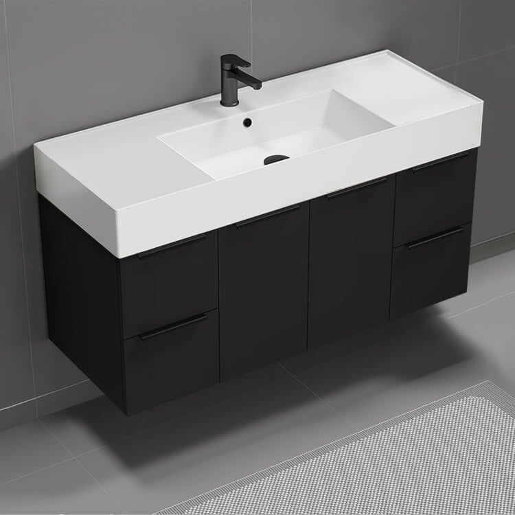 Nameeks DERIN1007 48 Inch Matte Black Floating Single Bathroom Vanity, Luxury Ceramic Sink, Counter Space, 2 Doors, 4 Drawers